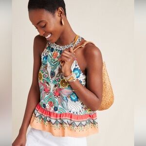 Farm Rio Cassandra Halter Blouse Size Large Orange Blue Green